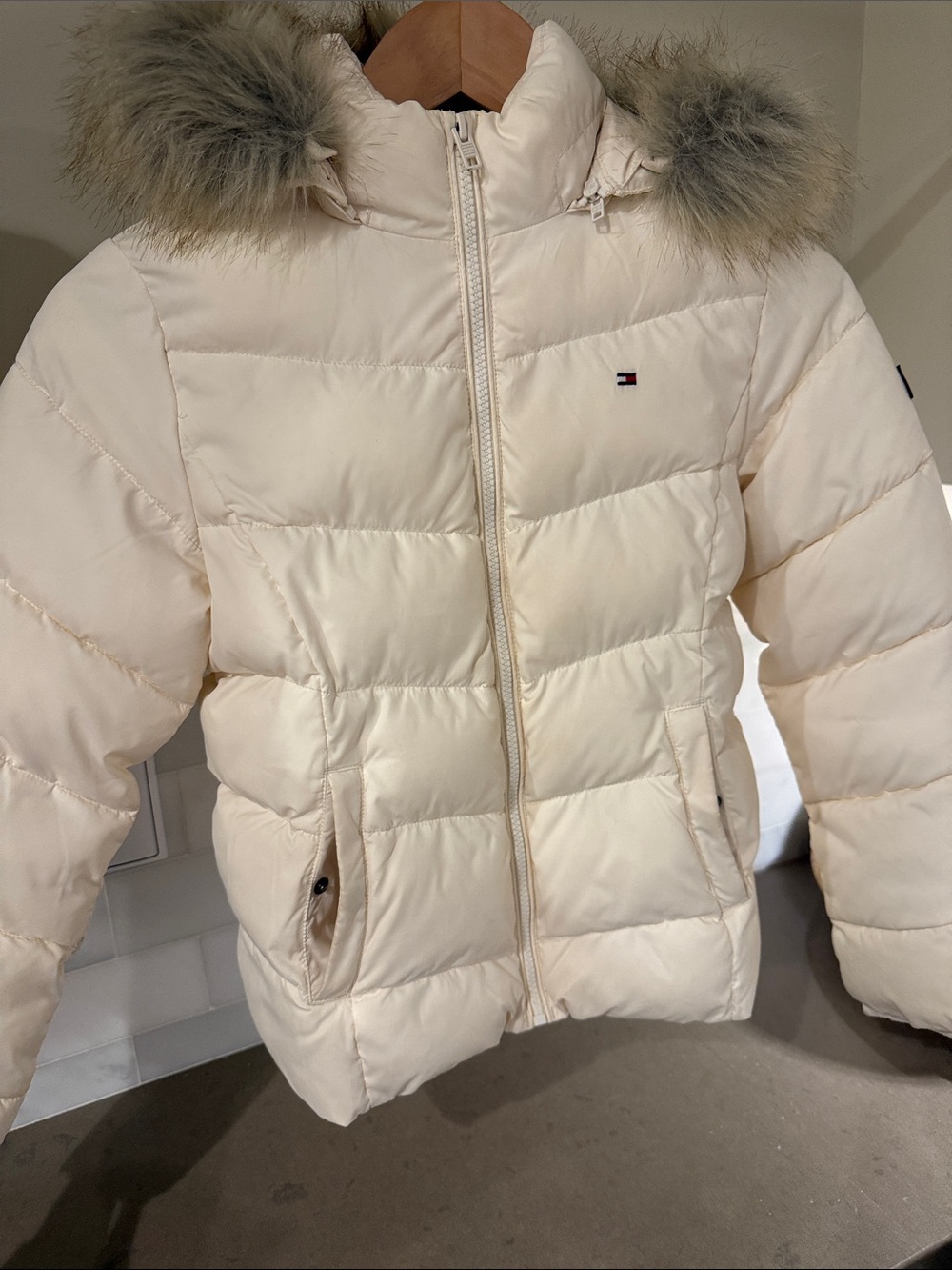 Girls Tommy Hilfiger Cream Quilted Puffer Jacket with Faux Fur Trim